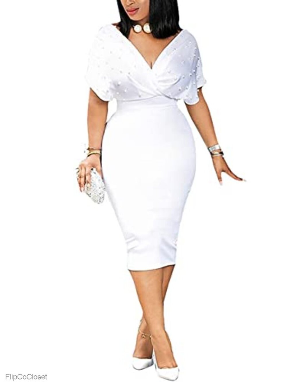Vintage 1950s Wiggle Dress Pearl Beaded Deep V Neck Sheath Midi Dress